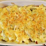 Chicken and Leek Pasta Bake in a dish.
