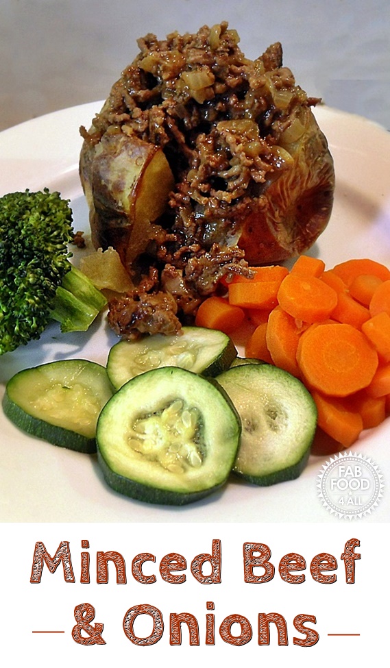 Minced Beef & Onions in a jacket potato on a plate with vegetable. Pinterest image.