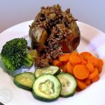 Minced Beef & Onions with jacket potato, carrots, courgette & broccoli.