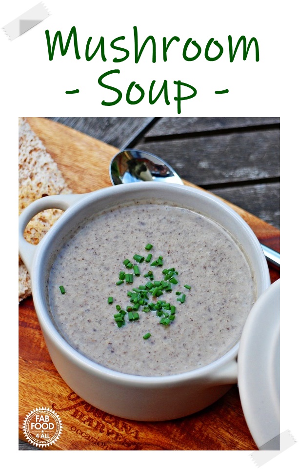 Mushroom Soup in a bowl Pinterest image.