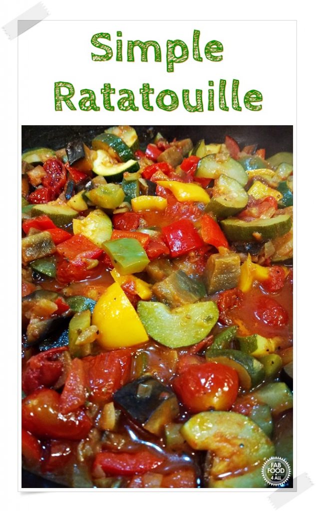 Simple Ratatouille close up in a pan. Pinterest image.