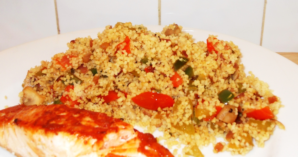 Speedy Mediterranean Vegetable Couscous - a delicious side dish served here with pan fried salmon.