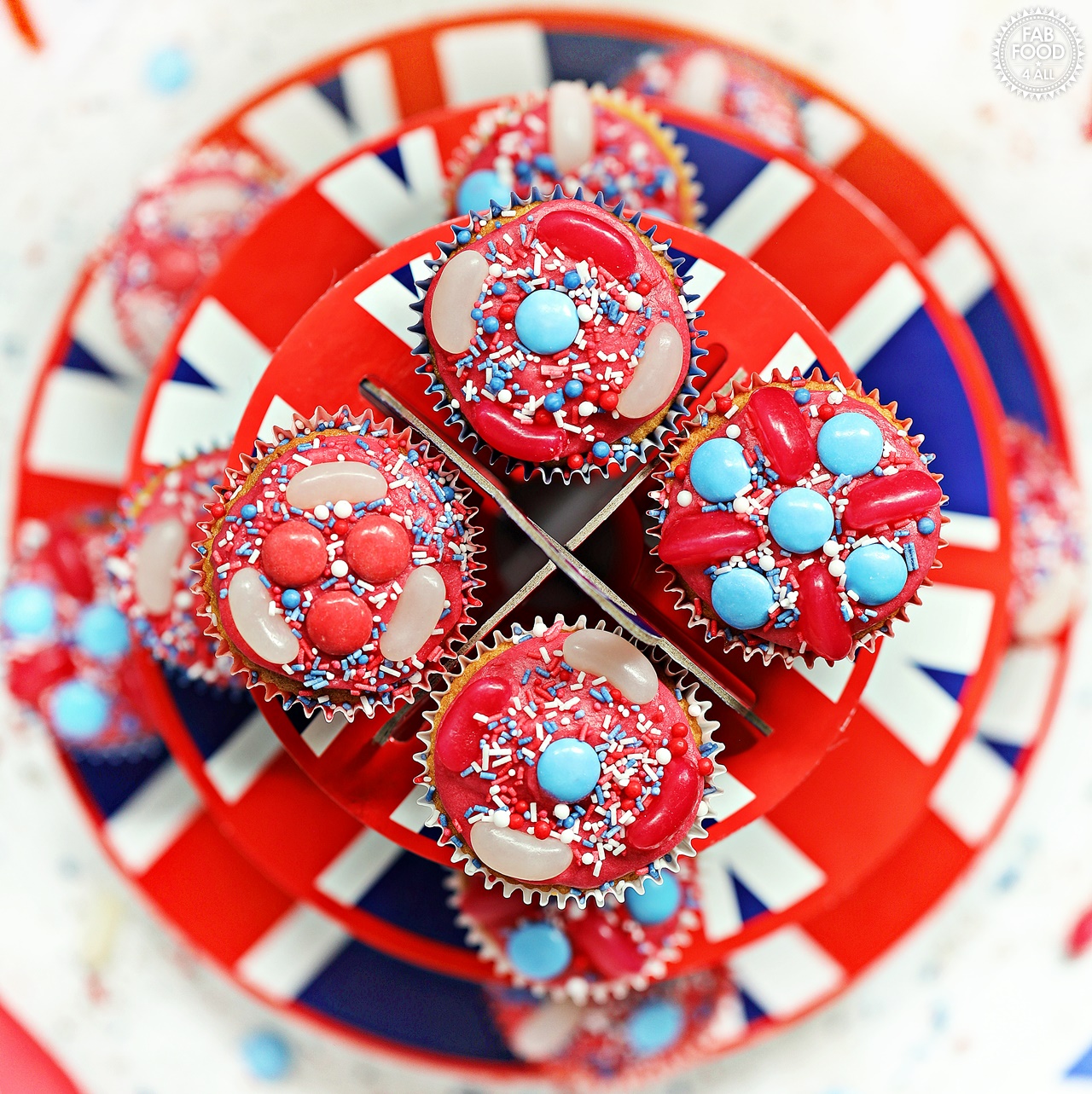 Aerial view of Jubilee Cupcakes on a Union Jack 3 tier cardboard cake stand.