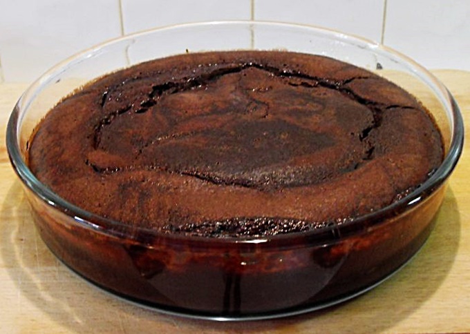 Chocolate Puddle Pudding in a Pyrex dish.