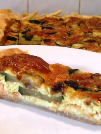 Salmon, Courgette and Shallot Quiche slice on a plate.