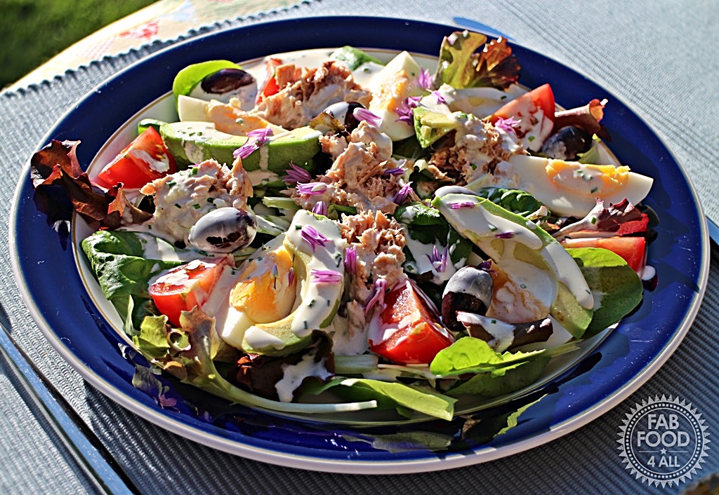 Quick Nicoise Style Salad - on a plate in the sunshine.Fab Food 4 All