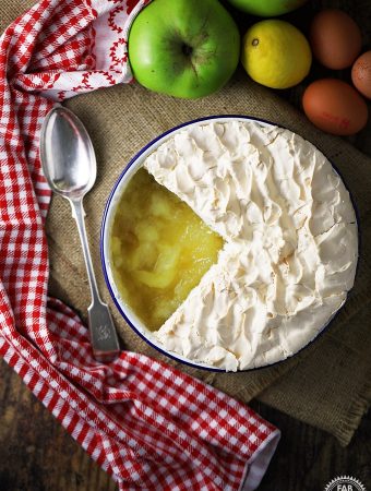 Apple Meringue in a dish with portion removed.