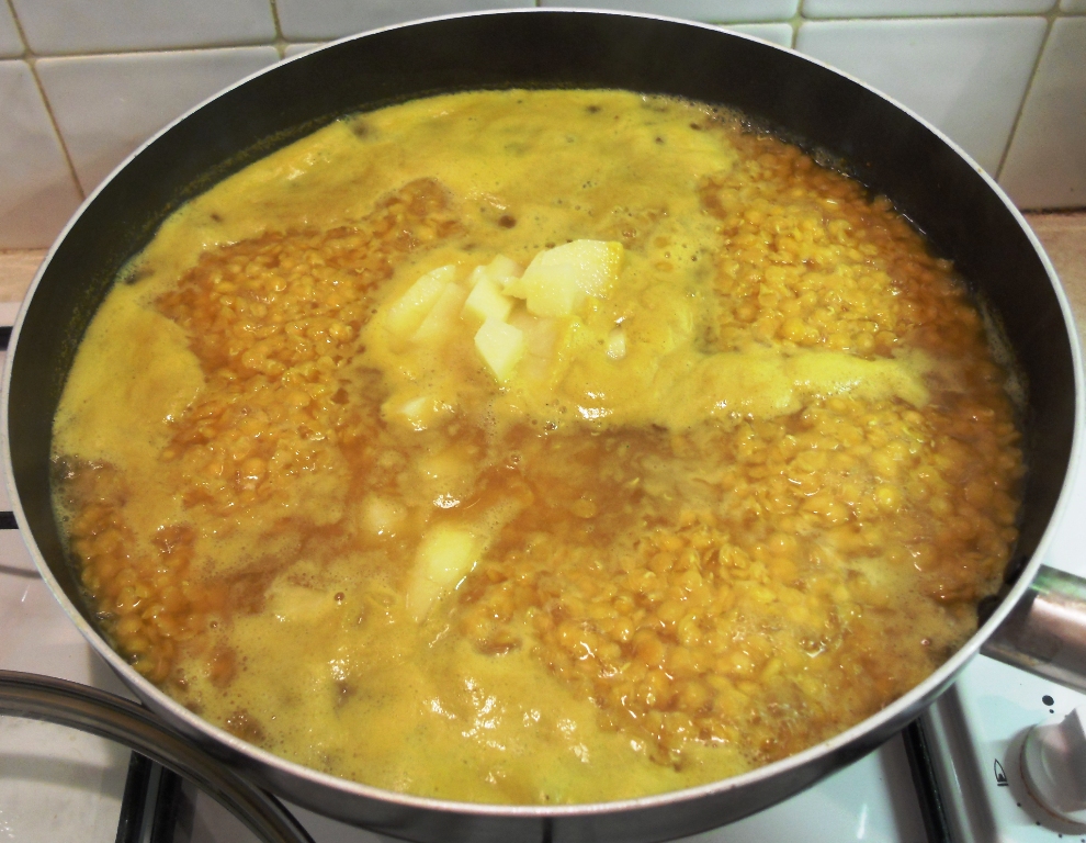 Vegetable Dhal Curry prep shot in pan.