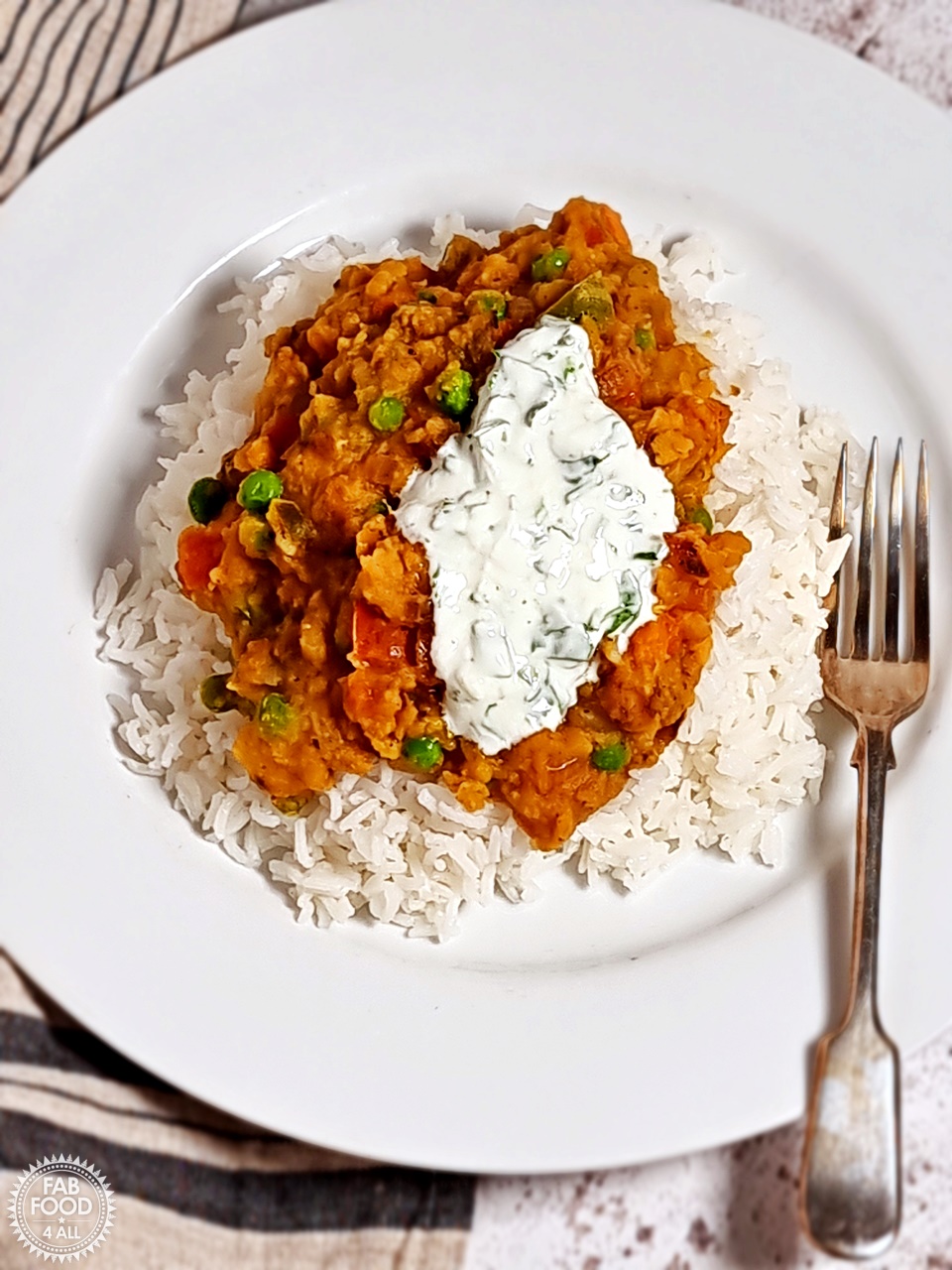 Vegetable Dhal Curry with rice & garnished with coriander yogurt dressing.