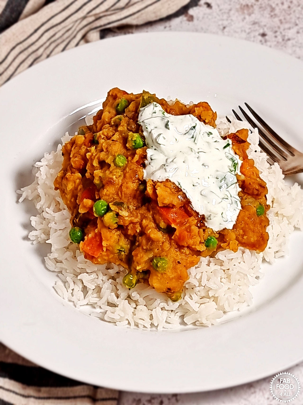 Vegetable Dhal Curry with rice & garnished with coriander yogurt dressing.