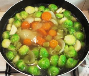 Sprouts, parsnips, carrots, celery, onion, gammon stock