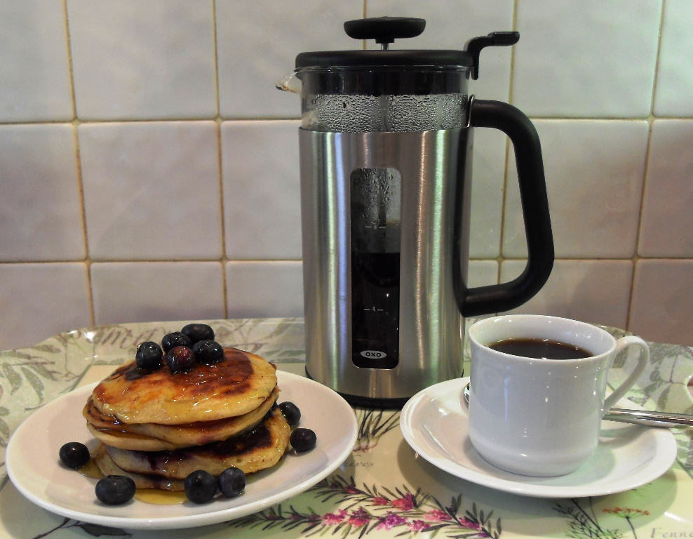 Oxo Good Grips Coffee Press with Blueberry & Banana Pancakes