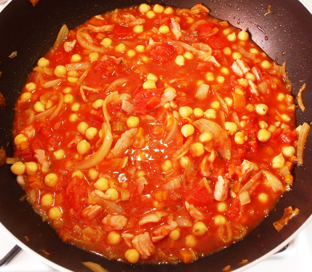 Chilli, Chickpea & Bacon Pasta sauce in pan