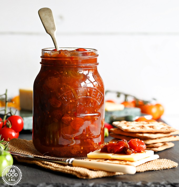 A jar of Mixed Tomato Chutney with cheese & biscuits.