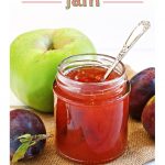 Plum & Apple Jam in open jar with teaspoon flanked by Marjorie plums & a Bramley apple. Pin image.