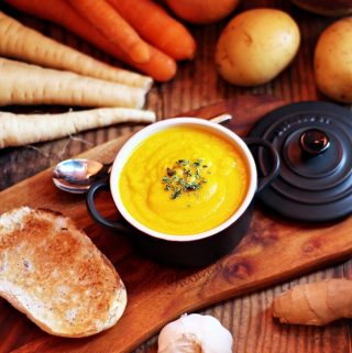 Curried Root Vegetable Soup - a delicious fusion of Korma curry & other spices along with ginger, garlic and onion which compliment swede, parsnips, carrots & potato beautifully!