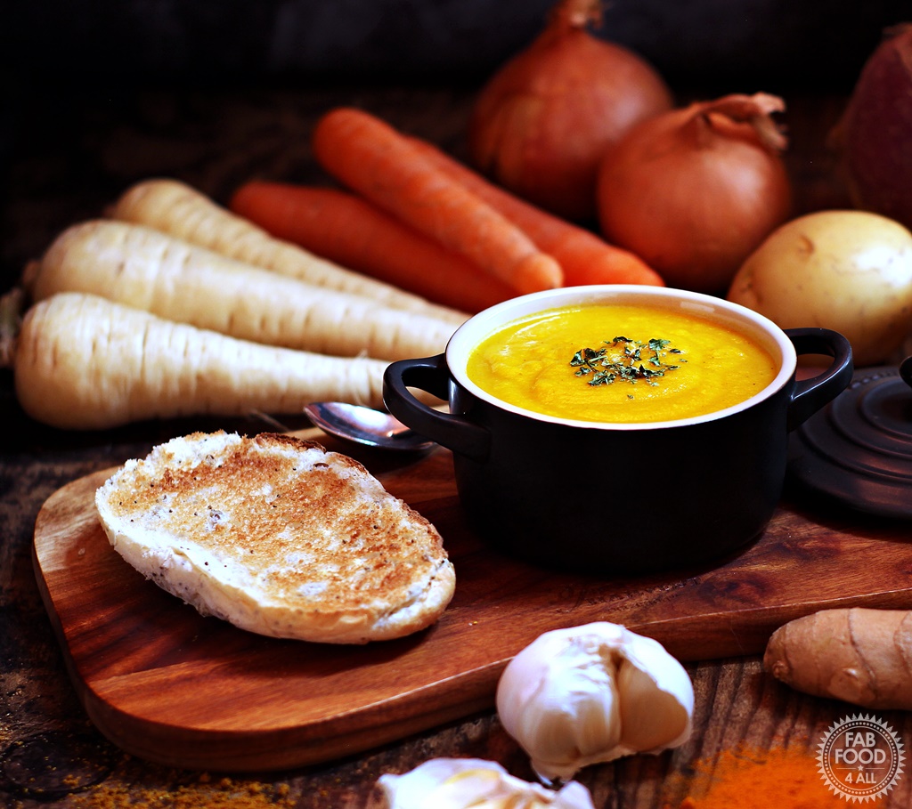 Curried Root Vegetable Soup - a delicious fusion of Korma curry & other spices along with ginger, garlic and onion which compliment swede, parsnips, carrots & potato beautifully!