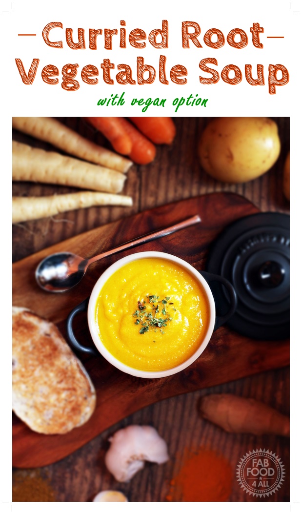 Curried Root Vegetable Soup - a delicious fusion of Korma curry & other spices which compliment swede, parsnips, carrots & potato beautifully! #soup #potage #curry #rootvegetables #vegetable #autumn #fall #winter #recipe
