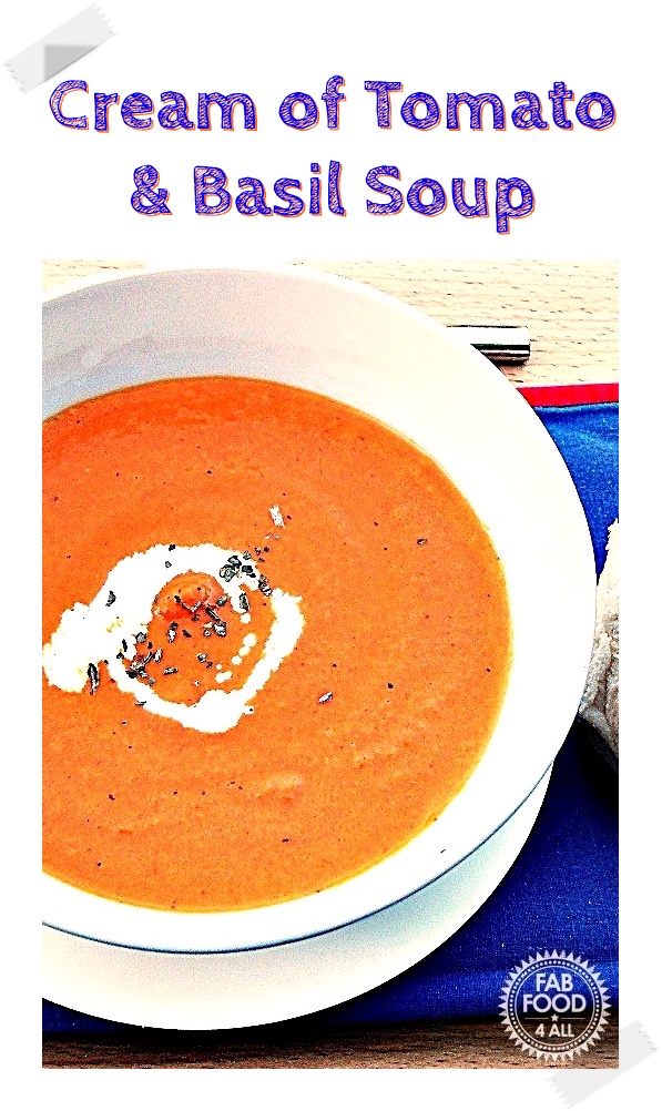 Cream of Tomato & Basil Soup in bowl swirled with cream. Pinterest image.