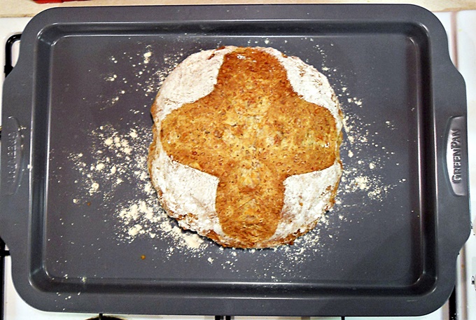Emmental Soda Bread dough on a baking tray.