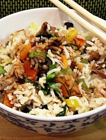 Simple Pork Fried Rice in a bowl with chopsticks.