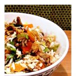 Pork Fried Rice in a bowl with chopsticks. Pinterest image.