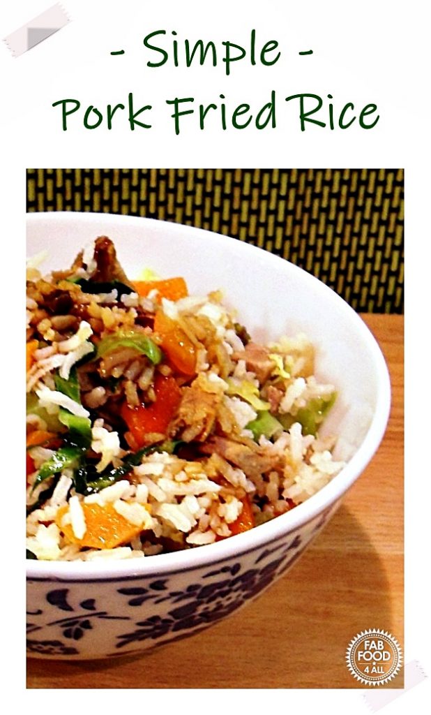 Pork Fried Rice in a bowl with chopsticks. Pinterest image.
