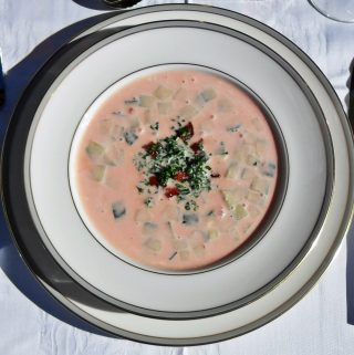 Spicy cold tomato soup, creamy, Spanish, Meditteranean