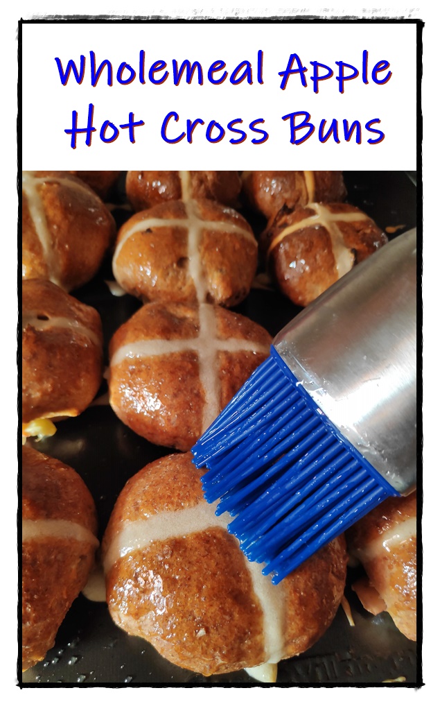 Wholemeal Apple Hot Cross Buns being glazed Pinterest Image