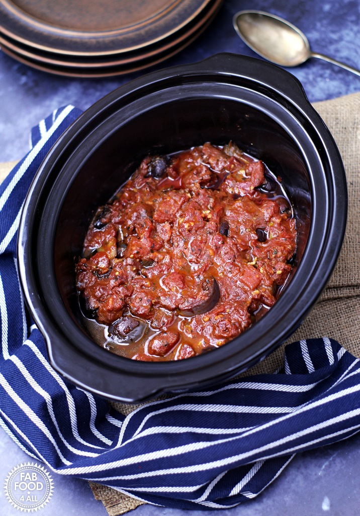Slow Cooked Chicken Italian in a crock pot.