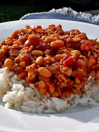 Turkey Chilli with Baked Beans on a bed of rice.