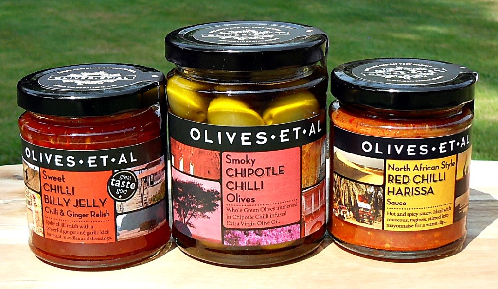 Olives Et Al, Chilly Billy Jelly, Smoky Chipotle Chilli Olives,North African Style Red Chilli Harissa Sauce