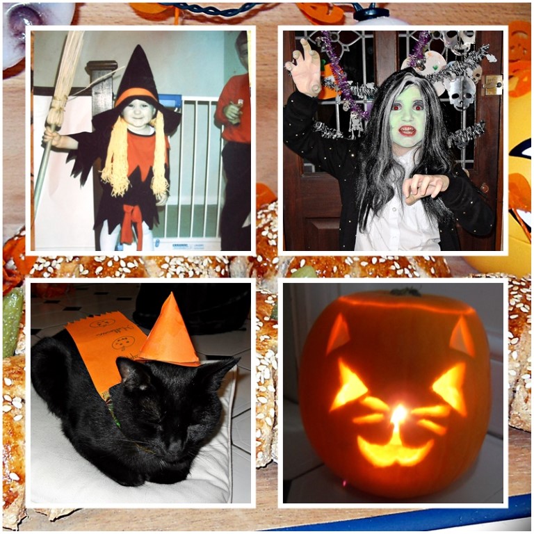 Daughter's 1st Halloween aged 2 and last year aged 10! Plus Coco catching a few zz's before trick or treating! Cat faced pumpkins - off course!