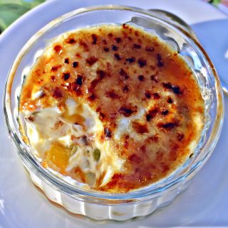 Fat Free Greek Yogurt Fruit Brulee in a glass dish.