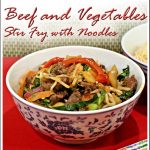 Beef & Vegetables Stir Fry with Noodles in a bowl Pinterest image.