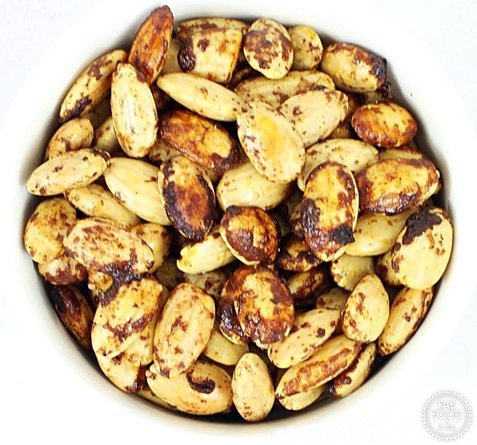 Spiced Almonds in a bowl aerial view.