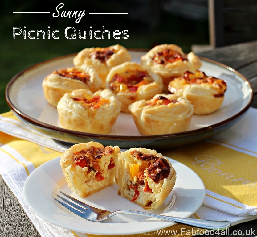 Sunny Picnic Quiches on a platter and one cut in 2 on plate.