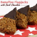 Spelt Banoffee Flapjacks with Dark Chocolate on a napkin.