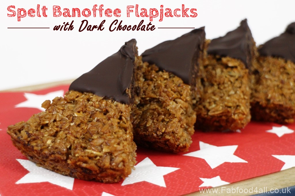 Spelt Banoffee Flapjacks with Dark Chocolate, Banana, Spelt Porridge Flakes, high fibre, healthy, wheatfree, nutritious, snack, treat, 
