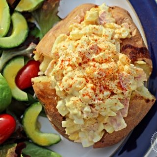 Curried Egg Mayonnaise with Ham & Sweetcorn Jacket Potato - overhead shot.