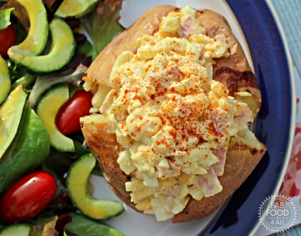 Curried Egg Mayonnaise with Ham & Sweetcorn Jacket Potato - Fab Food 4 All