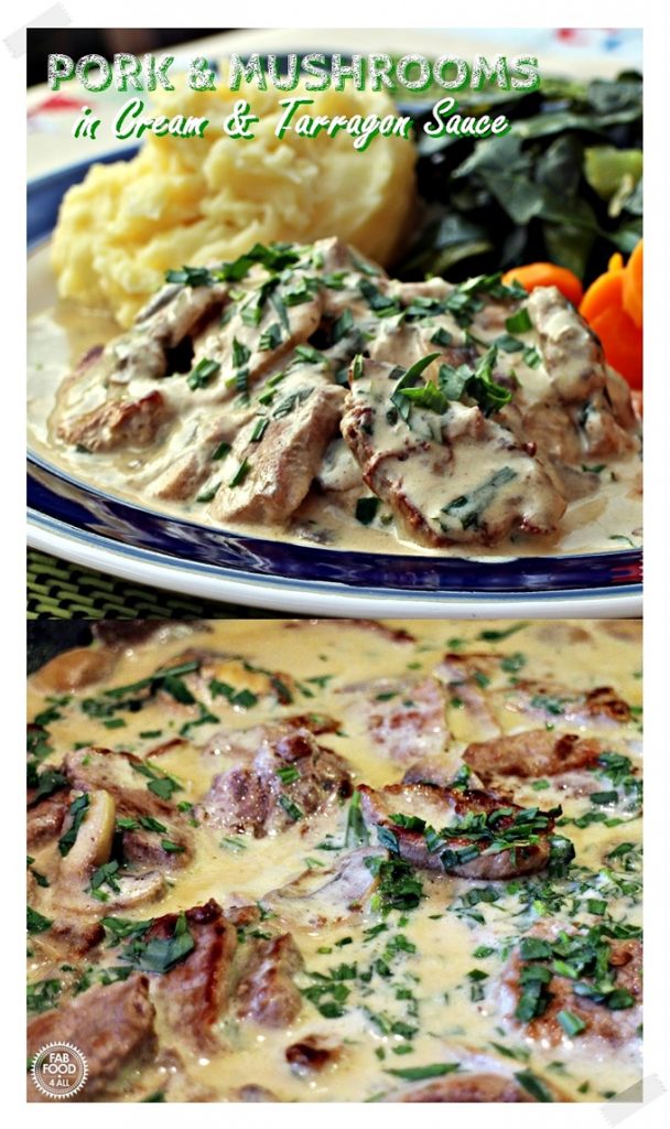 Pork and Mushrooms in a Cream & Tarragon Sauce - Pinterest image.