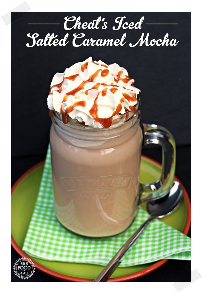 Cheat's Iced Salted Caramel Mocha - topped with whipped cream in a glass jug.