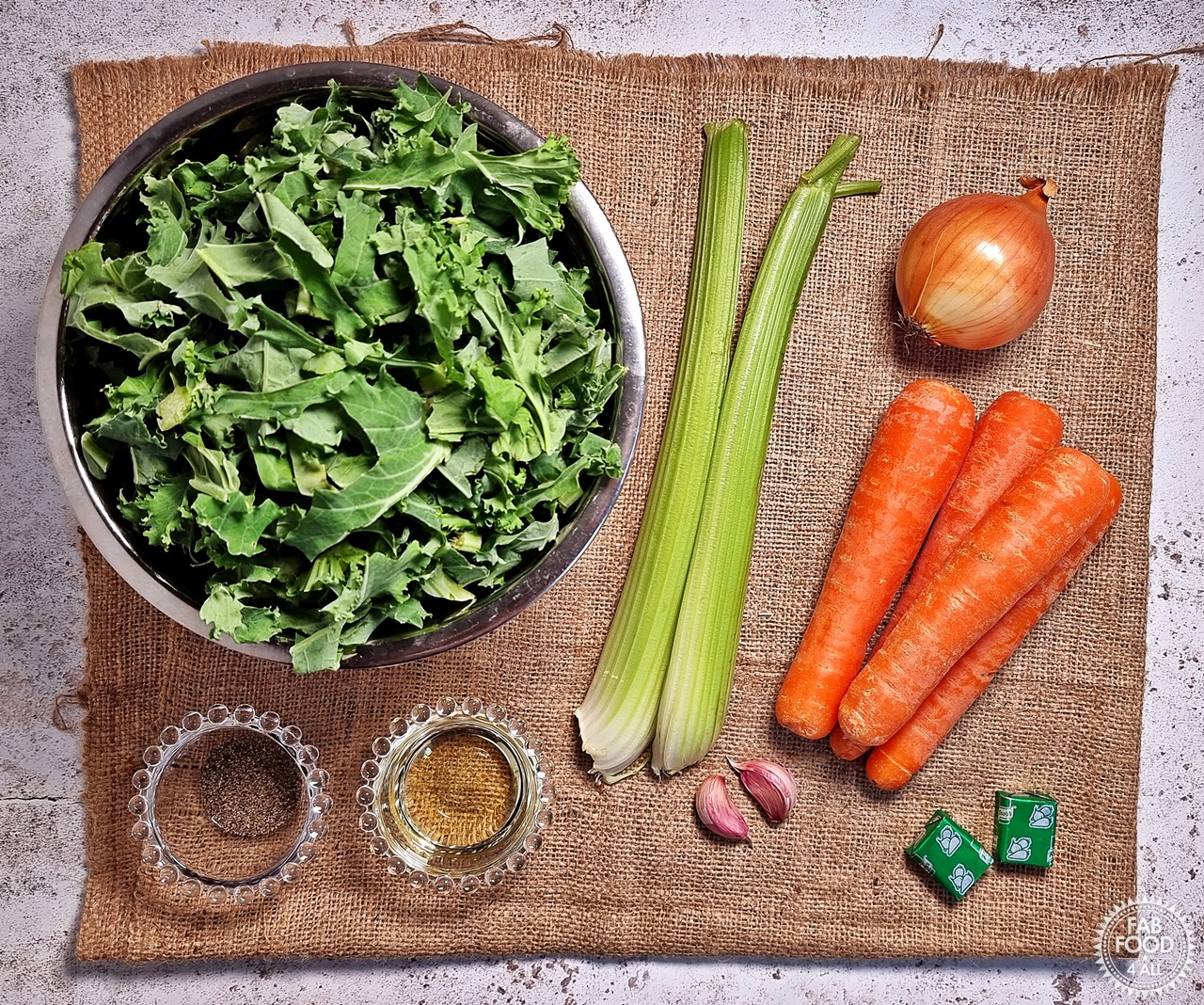 Kale Soup Ingredients: kale, celery, onion, carrots garlic, stock cubes, rapeseed oil & ground pepper.