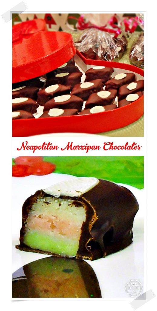 Neapolitan Marzipan Chocolates in red heart box & cut in 2 to reveal stripes. Pin image.