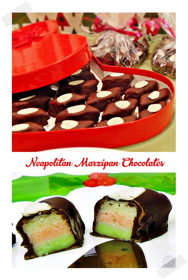 Neapolitan Marzipan Chocolates in red heart box & cut in 2 to reveal stripes. Pin image.
