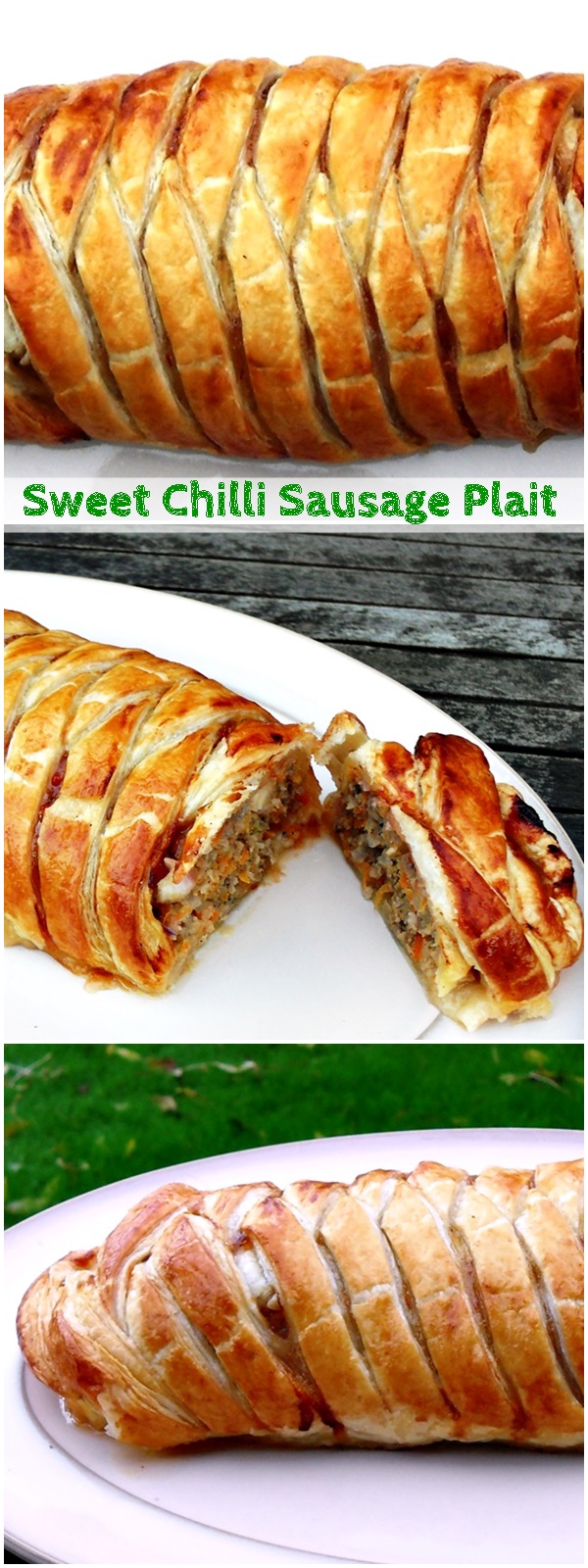 Sweet Chilli Sausage Plait is totally delicious and contains hidden veggies! Great hot or cold! #sausage #plait #picnic #sausageroll #baking #sausagemeat 