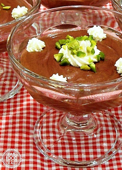 Chocolate & Pistachio Mousse in a glass sundae dish