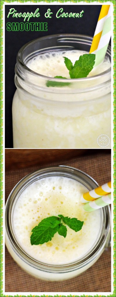 Pineapple & Coconut Smoothie - in a glass jug with paper straw and sprig of mint. Pinterest image.
