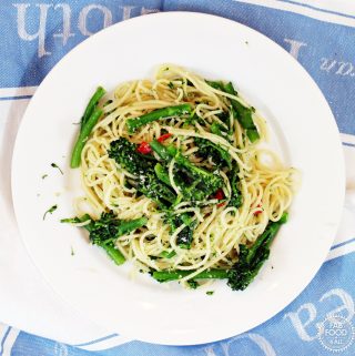 Tenderstem Brocolli with Chilli and Garlic Spaghetti on a plate.